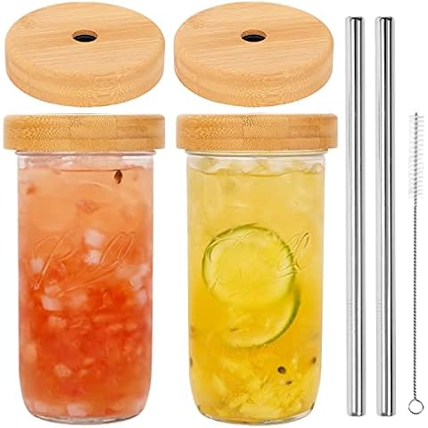 Mason Jar with Lid and Straw, 2 Pack 24oz Wide Mouth Mason Jar Drinking Glasses with Bamboo Lid and Stainless Straw, Reusable Boba Cup Iced Coffee Cups Wide Mouth Smoothie Cover