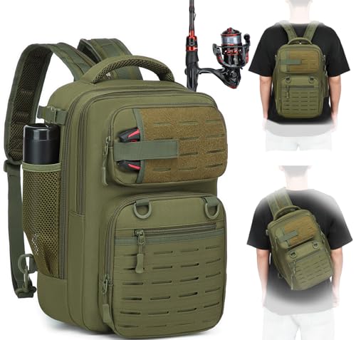 BISKLNDN Fishing Tackle Backpack with Rod Holder, Lightweight Fishing Backpack for Men and Women, 25L Water-Resistant Fish Bag Store Fish Gear, Army Green