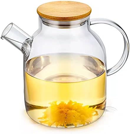 Popward 1800ml /60.9oz Glass Teapot with Infuser, Glass Pitcher with Bamboo Lid, Tea Pot for Loose Tea, Teapot for Stovetop Safe, Clear Teapot, Glass Tea Pot, Glass Tea Kettle, Glass Pot