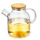 Popward 1800ml /60.9oz Glass Teapot with Infuser, Glass Pitcher with Bamboo Lid, Tea Pot for Loose T