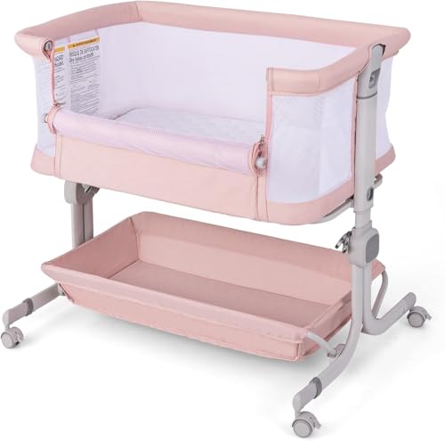 LIFEZEAL Cuna Colecho Ajustable en Altura 6 Etapas, 89 x 61 x 77-86.5 cm, Cuna de Viaje con Colchón y Ruedas, Moisés Portátil con Cesta Portaobjetos para Bebé (Rosa)