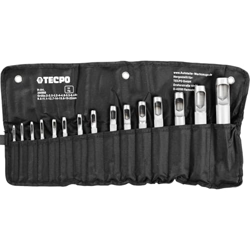 TECPO Locheisen-Satz, 15-teilig, Ø 2–22 mm, aus gehärtetem Carbonstahl, präzise Lochungen in Leder, Textilien und Papier, Lochpfeifen, Hohlzylinder, Lochstanzen Werkzeug Set, Lochschneider Satz