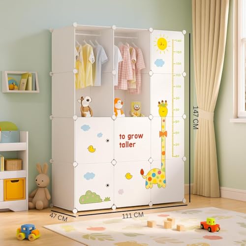 Image of EXVITO Kids Plastic Wardrobe - 12 Door Foldable Almirah for Clothes with Hanging Rod, Collapsible Wardrobe Cartoon Print Cupboard for Baby & Kids Room - M4