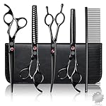 Hundeschere Set Profi, 440C Edelstahl Fellschere für Hunde, Gerade Schere, Gebogene Schere, Effilierschere, Fischgräten Schere, Kamm, Einstellwerkzeug, Reinigungstuch und Tasche, Schwarz