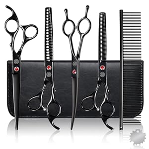 Hundeschere Set Profi, 440C Edelstahl Fellschere für Hunde, Gerade Schere, Gebogene Schere, Effilierschere, Fischgräten Schere, Kamm, Einstellwerkzeug, Reinigungstuch und Tasche, Schwarz