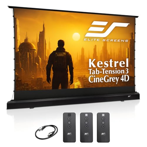 Elite Projector Kestrel Tab-Tension 3 CineGrey 4D, 150 inch 16:9, Standard Throw Ceiling Ambient Light Rejecting (CLR/ALR) Electric Floor-Rising Projector Screen, Programmed Remote Kit, FTE150H3-C4D
