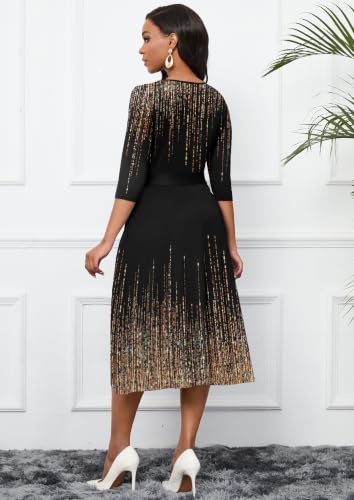 Image of CLOCOR Midi Dresses for Women Casual A-Line Fit and Flare Dress Crewneck 3 /4 Sleeve Keyhole Cocktail Party Church Dress