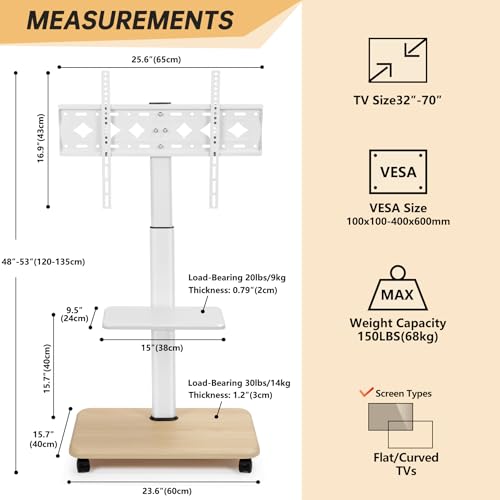 Hellsehen Suporte de TV com rodinhas para telas LED LCD OLED curvas planas de 81 a 170 cm, carrinho