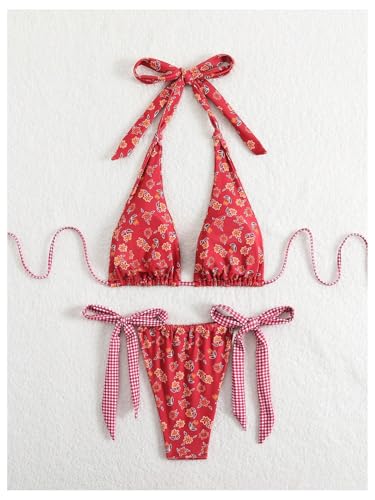 Women's 2 Piece Floral Plaid Swimsuit Halter Triangle Bathing Suit Bowknot Tie Side Bikini Sets2