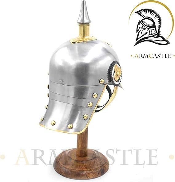 Prussian Pickelhaube Spike Helmet Silver Finish with Brass Trim – German Imperial Officer Military Collectible