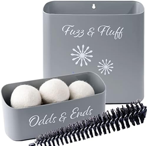 Laundry Room Magnetic Lint Bin, Detergent Pods Container, Wire Dryer Lint Trap Brush and Wool Downy Fabric Softener Balls. Wall Mount Trash Can Storage Set, Dryer Sheet Dispenser, Lost Socks Basket