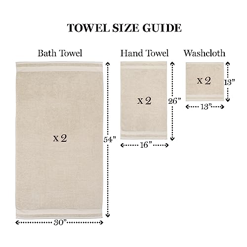 Martha Stewart 100% Cotton Bath Towels Set Of 6 Piece, 2 Bath Towels, 2 Hand Towels, 2 Washcloths, Quick Dry Towels, Soft & Absorbent, Bathroom Essentials, Towel Sets For College Dorm, Beige #TOP2