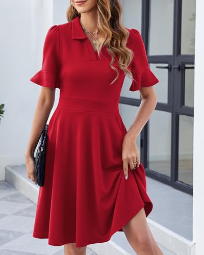 Image of Mokayee Womens Summer Ruffle Sleeve Collared V Neck Fit and Flare Elegant A line Swing Dresses with Pockets