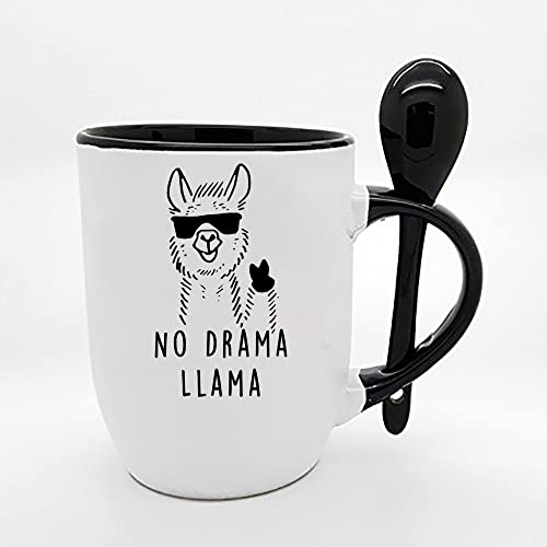 Image of Giftme No Drama Llama No Prob Llama Coffee Tea Mug Unique Spoon Ceramic Mug. (Black Spoon)