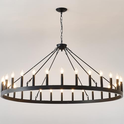 53” Black Wagon Wheel Chandelier,Round Modern Farmhouse Pendant Light with