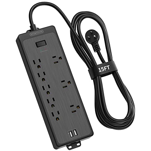 Extensión de 15 pies, regleta protector de sobretensión NTONPOWER con 8 tomas (3 ampliamente espaciadas) y 2 puertos USB, 1875W/15A, montaje en pared, estación de carga para escritorio para hogar y oficina