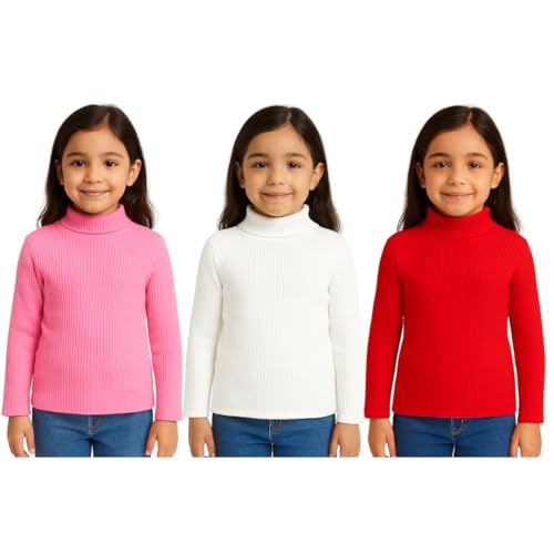 Image of Girls Winter High Neck Sweater Pack of 3 - Full Sleeve Ribbed Pullover for Kids | Warm & Stretchable Turtleneck Tops