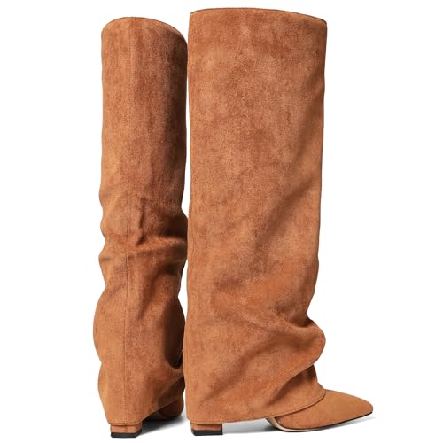 Image of Synchoiss Fold Over Knee High Boots Women Wide Calf Chunky Heel Shark Boots | Faux Leather Slouchy Boots, Pointed Toe, Side Zipper, Fashion Tall Boots for Evening Bridal Office Fall and Winter Outfits