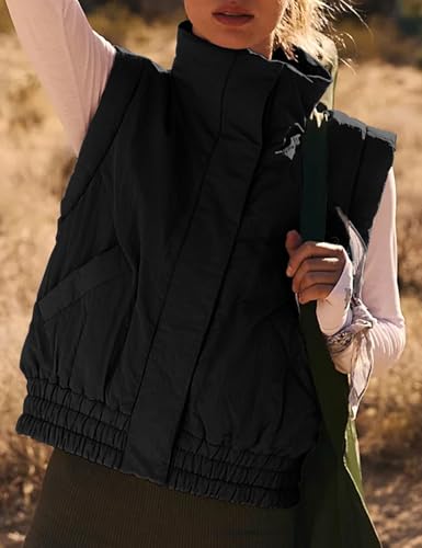 Womens Quilted Puffer Vest Winter Stand Collar Sleeveless Cropped Outerwear Warm Padded Gilet with Pockets2