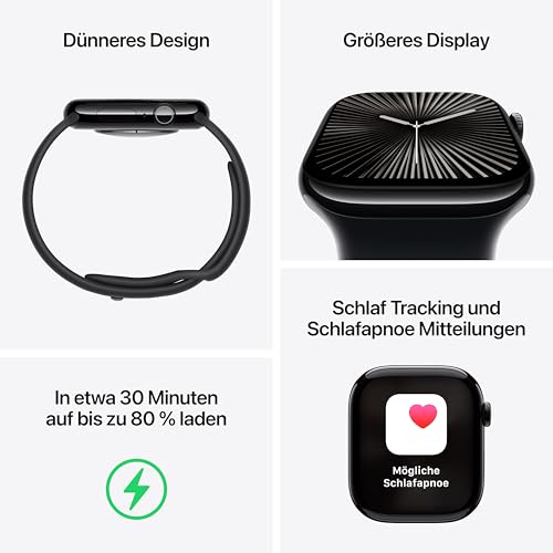 Apple Watch Series 10 (GPS + Cellular 46 mm) Smartwatch mit Titangehäuse in Schiefer und Sportarmband in Schwarz (M/L). Fitnesstracker… – Ansicht 3