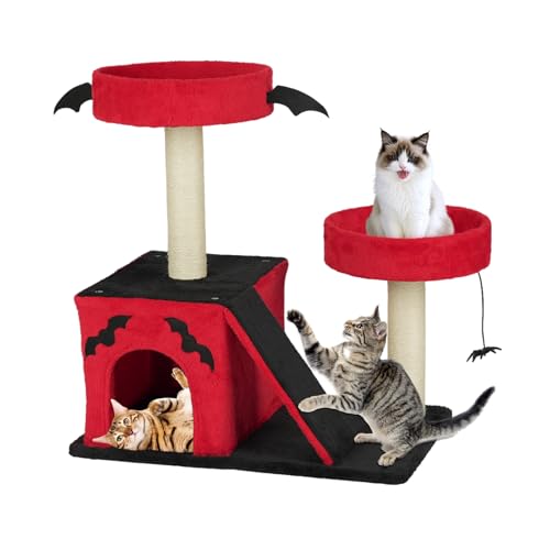 VINGLI Halloween Cat Scratching Post, Gothic Premium Sisal Scratch Posts with Hanging Bat Decor, Webs Shaped Base, Black