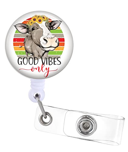 Good Vibes Only Badge Reels Holder Retractable With Alligator Clip For Nurse Nursing Doctor Teacher Student Name Tag Card Cute Cow With Rainbow Medical Office Work Id Clip #TOP19