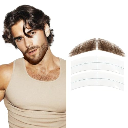 Fake Mustache & Fake Beard, Handmade Human Hair Mustache, Invisible Lace Design for Daily Use, Role-Playing, Drama, Halloween, Fashion Parties and Any Venue, Highlighting Personal Style (Brown-1)