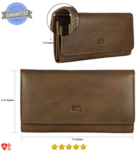 Image of Women's Top Grain Leather Wallet, RFID Blocking Bifold clutch, 17 Card Slots, Zip Pocket Organizer, Elegant Gift for Women - Birthday, Anniversary - Washed Olive Green
