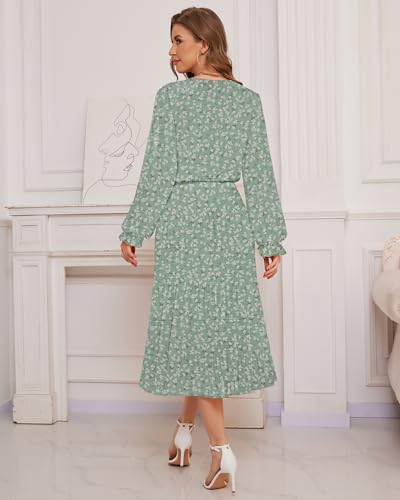 Image of CYiNu Women's Midi Dresses Long Sleeve Crew Neck Flowy Casual Floral Boho Tiered Chiffon Smocked Elegant Dress