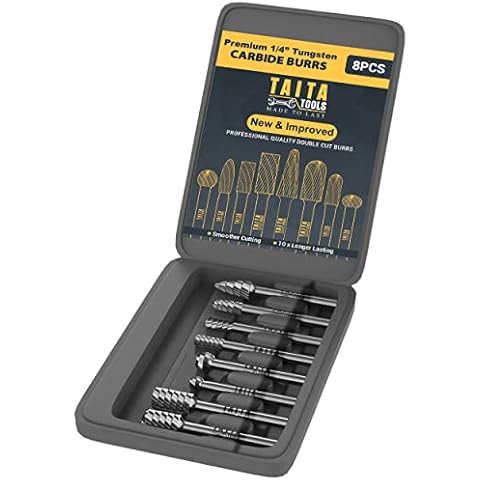 8PC Carbide Burr set 1/4" Shank - Tungsten Double Cut Rotary Die Grinder Bits - Cutting Burrs For Most Drills And Die Grinding Accessories - Wood Carving And Metal Working Cover