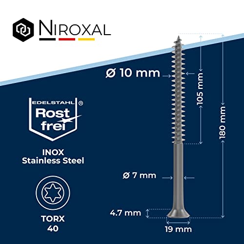 Wood Screws 10 x 180 mm TORX Countersunk Head Stainless Steel 304 Chipboard Screws Timber Screws Partial Thread Rustproof A2 1 Pack - Image 2