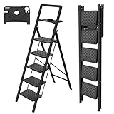 HBTower 5 Step Ladder, Folding Step Stool, Portable Sturdy Steel for Adults with Wide Pedals Home Outdoor Kitchen, Black