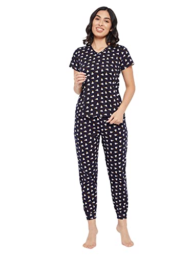 Image of Clovia Women's Cotton Ice Cream Printed Top & Pyjama Set in Blue