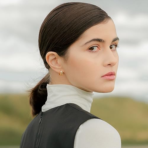 DAILY VIBES Small Gold Huggie Hoop Earrings for Women 14K Real Gold Plated Dainty Sterling Silver Post Split Mini Hoops Double Chain Drop Dangle Earrings for Women4