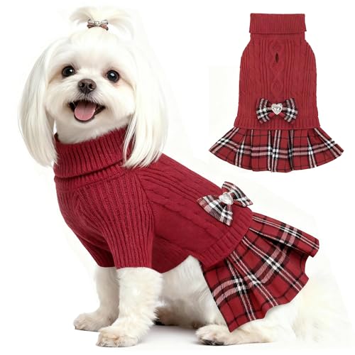 Image of YUDODO Small Dog Sweater Dress with Bowtie Turtleneck Knitted Pet Clothes | Fall Winter Warm Pet Clothes, For Small Dogs Girl, Soft Knit Fabric, Leash Hole, Long Sleeve, Red, L