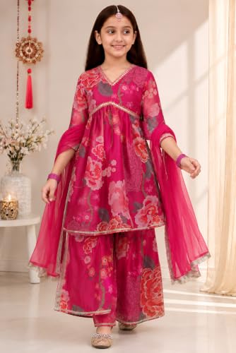 Image of Preneum Girls's Cotton Rayon Gota Pati Multi Floral Printed Angrakha Kurta with Sharara & Dupatta