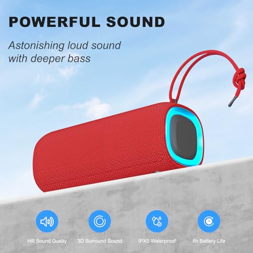 Image of PEICHENG Bluetooth Speaker, Portable Wireless Clear Loud Stereo Sound IPX5 Waterproof with RGB Lights BT5.3 Long Playtime TWS Pairing,for Home Party Outdoor Beach,Great Gift Choice (Red)