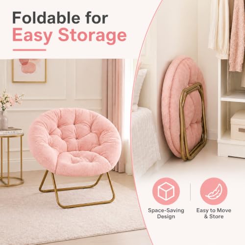 Image of Simple Deluxe Comfy Chairs for Bedroom, Faux Fur Saucer Chair for Adults, Oversized Comfy Soft Saucer Chair, Padded Lazy Chair for Living Room Dorm Rooms, Pink