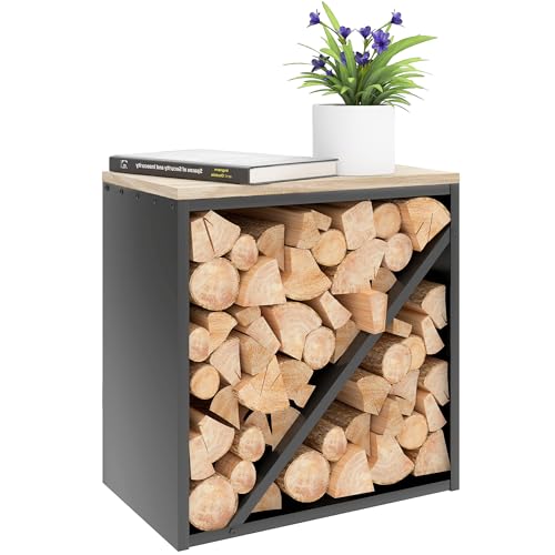 Outsunny 2-in-1 Kaminholzregal für innen 58 x 36 x 60cm erhöhtes Brennholzregal mit Trenner Kaminholzständer für Kamin Ofen Feuerholzregal Holzregal für Feuerholz, Brennholz Metall Schwarz
