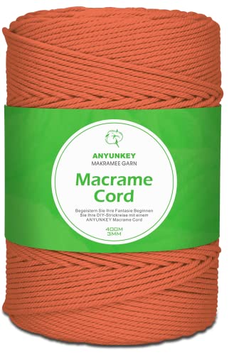 ANYUNKEY Baumwollgarn Makramee Garn 3mm x 400m,Baumwollseil Baumwollkordel, Macrame Garn für DIY Handwerk Basteln Stricken Wandbehang Blumenampel Boho Deko,Baumwollschnur Dekoration (Orange) Cover