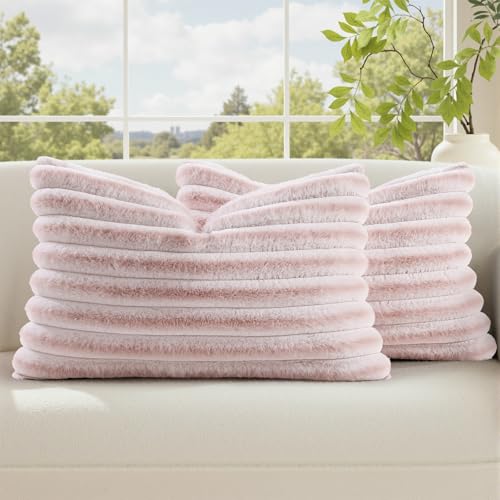 Image of decorUhome Fall Cozy Faux Fur Throw Pillow Covers 12x20 Set of 2 Decorative Soft Plush Striped Lumbar Modern Farmhouse Boho Couch Pillow Cases with Velvet Back for Sofa Bed Living Room, Pink White