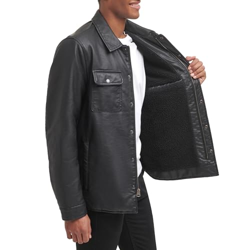 Levi's Men's Buffed Cow Faux Leather Hooded Trucker Jacket, New Black2