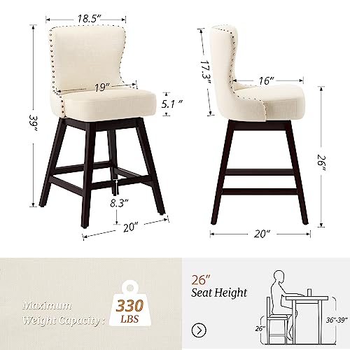 Cozyman Counter Height Bar Stools Set Of 4, 26" H Swivel Bar Stool With Back, Linen Fabric Counter Stool, Solid Wood Legs, Retro Upholstered Barstools For Kitchen Island, Home Bar, Pub, Beige #TOP2