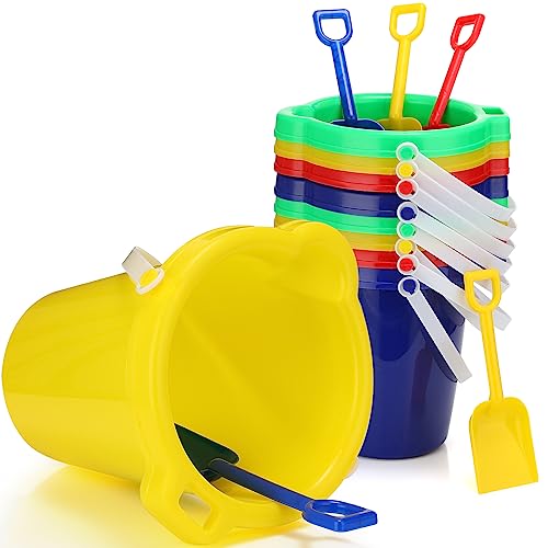 Didaey 7.5 Inch Beach Buckets and Shovels Plastic Sand Pails Castle Building Sand Shovel for Boys and Girls Summer Beach Toys Party Favors(12 Set)