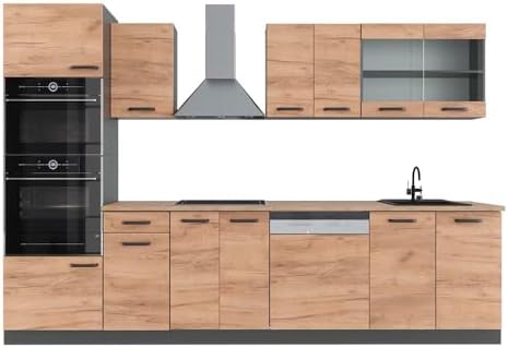 Vicco Cuisine R-Line, Chêne doré/Anthracite, 300 cm avec Armoire Haute, PT Chêne