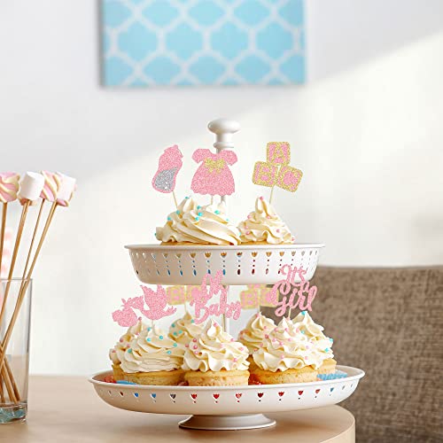 24Pcs Baby Shower Oh Baby Cupcake Toppers With Bow Dress Bottle Swan Pink Glitter It's A Girl Cake Picks Decorations For Baby Shower Gender Reveal Girls Birthday Party Supplies #TOP3