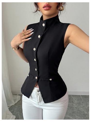 GORGLITTER Women's Button Up Vest Shirt High Neck Sleeveless Waistcoat Dressy Going Out Tops2