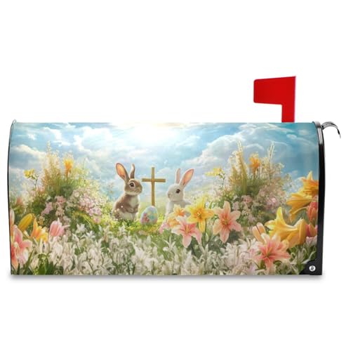 Image of Wamika Happy Easter Day Eggs Bunny Mailbox Cover Standard Size Welcome Spring Flowers Lily Magnetic Mailbox Covers Garden Yard Porch Mail Boxes Cover Holiday Decorations 21 inch L x 25 inch W