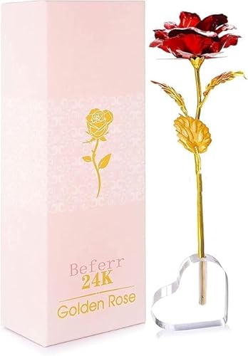 WANGZAIZAI 24k Rose Plaqué Or avec Base en Forme de Coeur, Romantique Galaxy Rose Cadeau Fleur Rose Eternelle pour Elle Maman Femme Petite Amie au Saint Valentin Fête des Mères Noël Anniversaire.