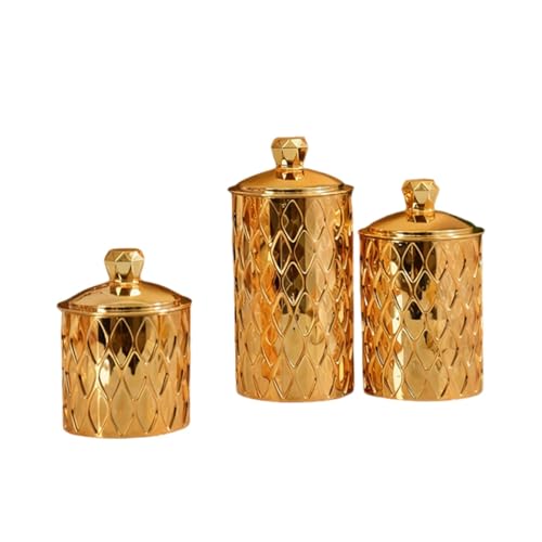 MCMUZKZS 3 Tarros de Cristal con Tapa para Organizar Y Los Cereales. Tarro Práctico para Dulces Y Aperitivos. Ideal para Las Fiestas, Dorado, Individual
